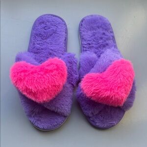 Purple and Pink Fluffy Heart Slippers